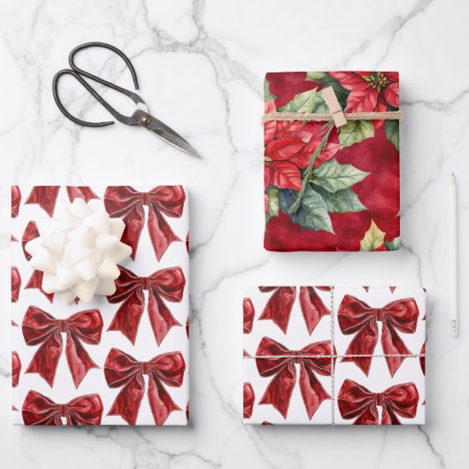 Chic Red Bow Floral Christmas ラッピングペーパーシート (正面)
