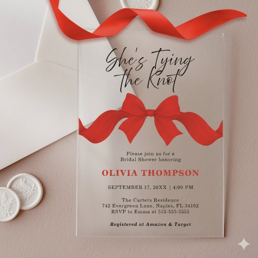 Chic Red Bow She's Tying the Knot Bridal Shower アクリル招待状