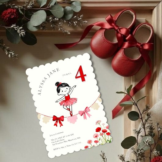 Chic Red Coquette Ballerina Birthday LPM26 招待状