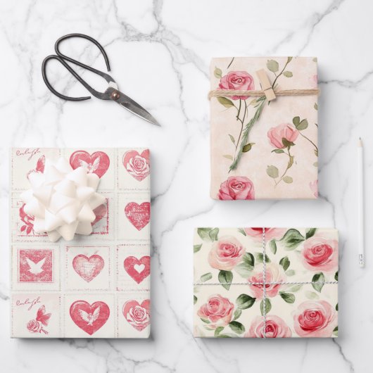 Chic Red Cream Love Hearts Wedding ラッピングペーパーシート (正面)