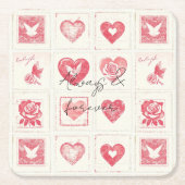 Chic Red Cream Valentine Love Wedding スクエアペーパーコースター (正面)