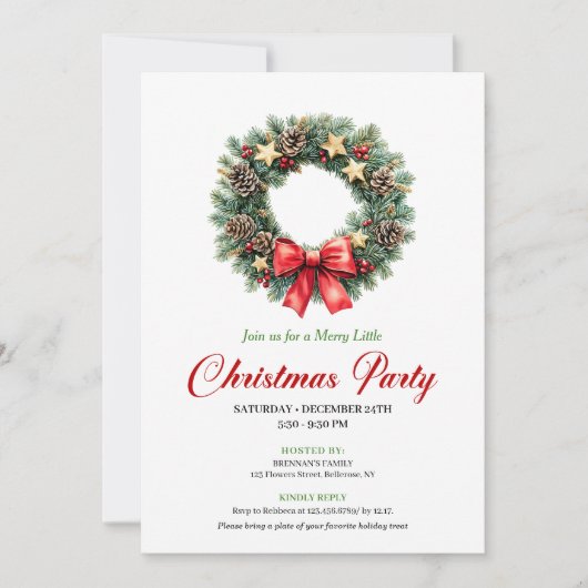 Chic Red Green Pine Wreath Christmas Party Card 招待状 (正面)