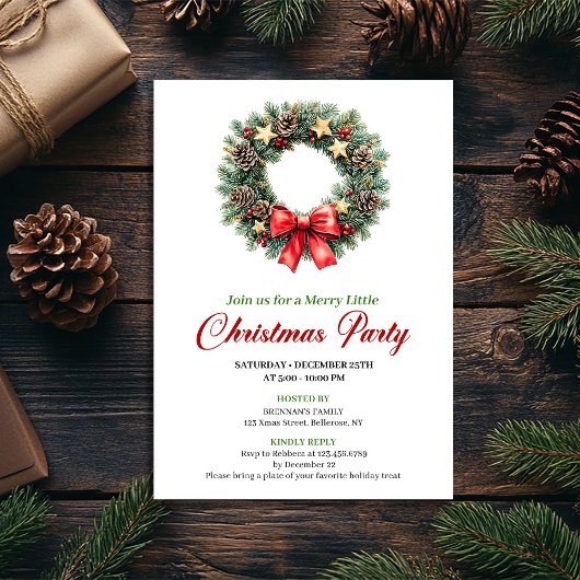 Chic Red Green Pine Wreath Christmas Party Card 招待状