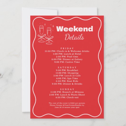 Chic Red Pink Lucky In Love Bachelorette Itinerary 招待状 (裏面)