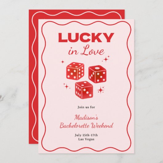 Chic Red Pink Lucky In Love Bachelorette Itinerary 招待状 (正面/裏面)