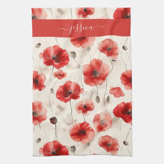 Chic red poppies script name  キッチンタオル (縦)