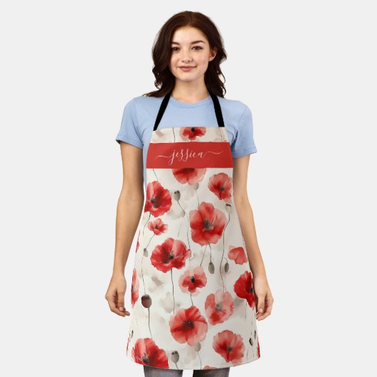 Chic red poppies script name apron エプロン (着用した状態)