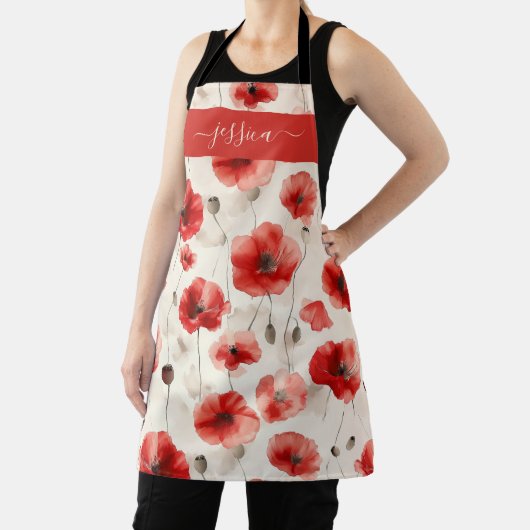 Chic red poppies script name apron エプロン (インサイチュ)
