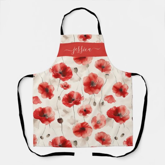 Chic red poppies script name apron エプロン (正面)