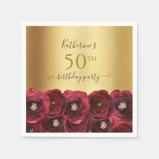 Chic Red Rose Floral Gold 50th Birthday Party スタンダードカクテルナプキン