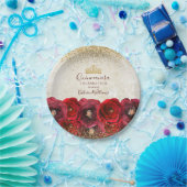  Chic Red Rose Floral Gold Crown Quinceañera ペーパープレート (パーティー)