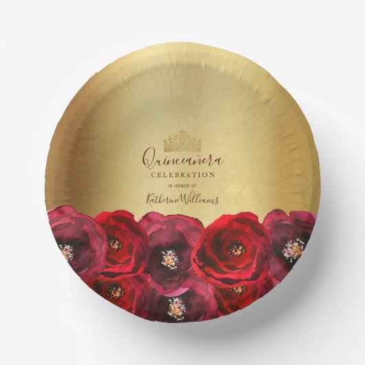 Chic Red Rose Floral Gold Crown Quinceañera ペーパーボウル (正面)