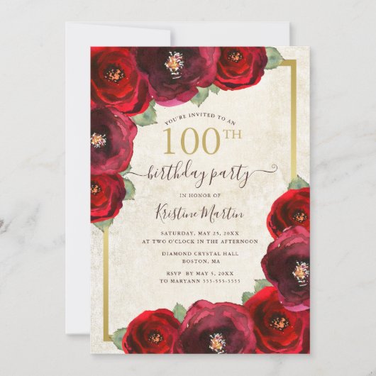 Chic Red Rose Water Floral Gold 100th Birthday 招待状 (正面)