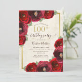 Chic Red Rose Water Floral Gold 100th Birthday 招待状 (スタンド正面)