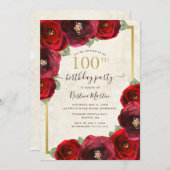 Chic Red Rose Water Floral Gold 100th Birthday 招待状 (正面/裏面)