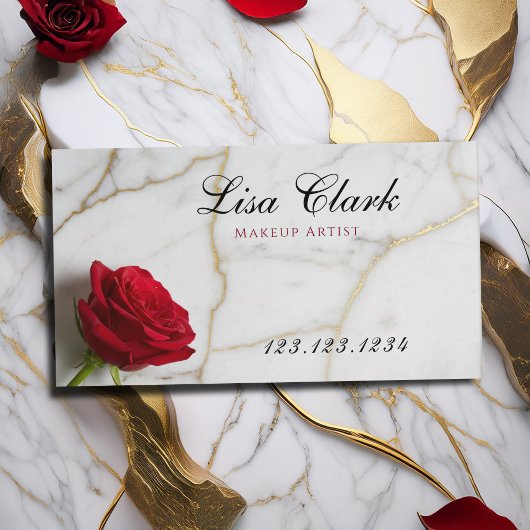 Chic Red Rose White Marble Gold Vein Makeup Artist 名刺
