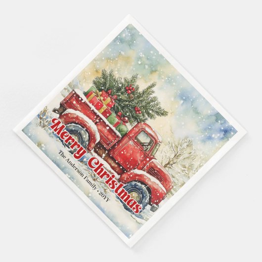 Chic red truck Christmas scene holiday napkins set (コーナー)