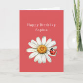 Chic Red White Daisy Flower Ladybug Birthday カード (正面)