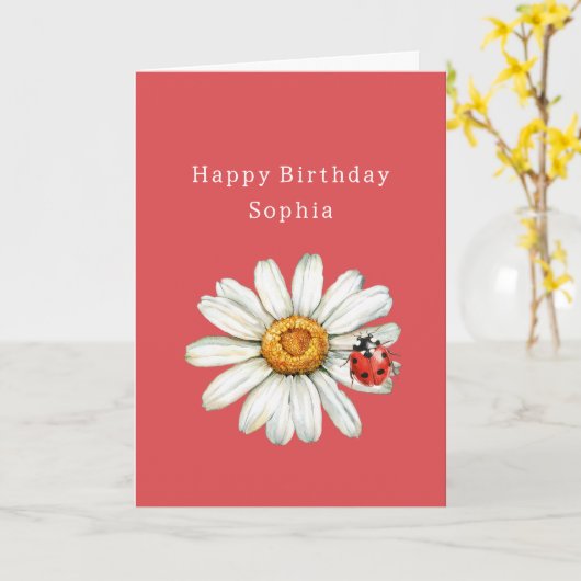 Chic Red White Daisy Flower Ladybug Birthday カード (黄色い花)