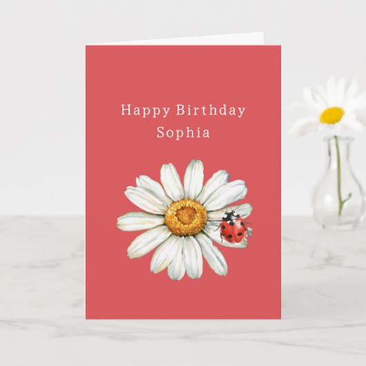 Chic Red White Daisy Flower Ladybug Birthday カード (小さな植物)