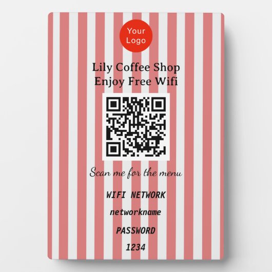 Chic Red & White Stripes QR Code Wifi フォトプラーク (正面)
