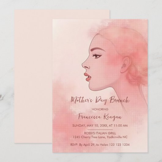 Chic Refined Artistic Peach Mother Silhouette 招待状 (正面/裏面)