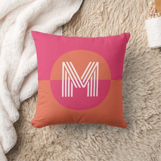 Chic Retro Orange Pink Geometric Modern Monogram クッション (ブランケット)