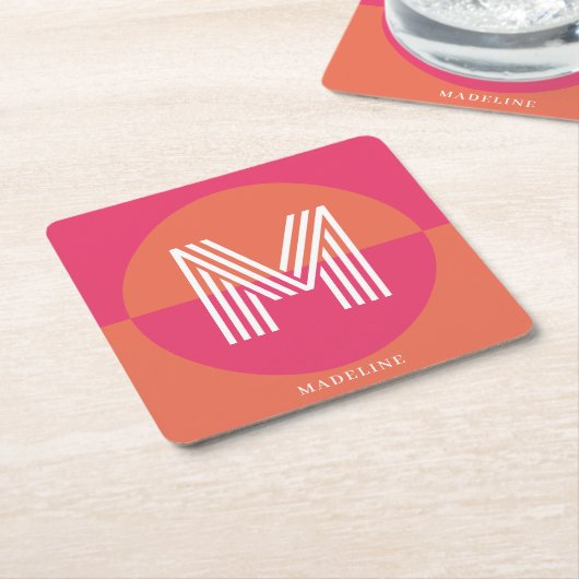 Chic Retro Pink Orange Geometric Modern Monogram スクエアペーパーコースター (アングル)