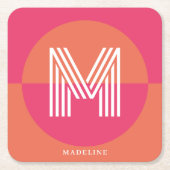 Chic Retro Pink Orange Geometric Modern Monogram スクエアペーパーコースター (正面)