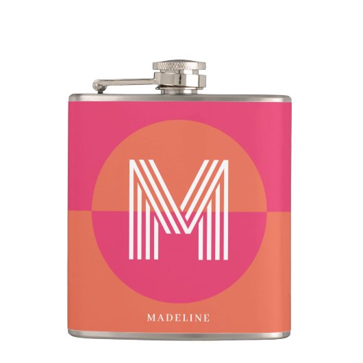 Chic Retro Pink Orange Geometric Modern Monogram フラスク (正面)