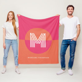 Chic Retro Pink Orange Geometric Modern Monogram フリースブランケット