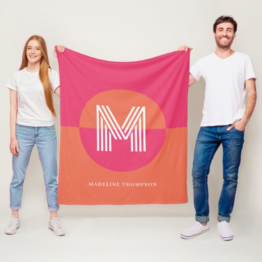 Chic Retro Pink Orange Geometric Modern Monogram フリースブランケット (インサイチュ)