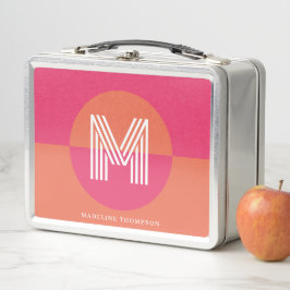 Chic Retro Pink Orange Geometric Modern Monogram メタルランチボックス