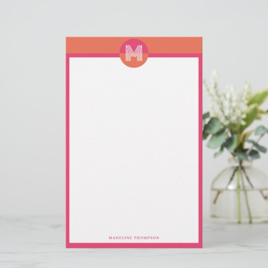 Chic Retro Pink Orange Geometric Modern Monogram 便箋 (スタンド正面)