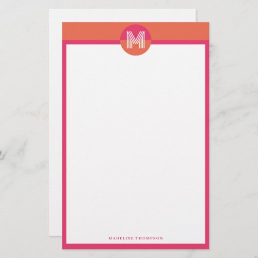 Chic Retro Pink Orange Geometric Modern Monogram 便箋 (正面/裏面)