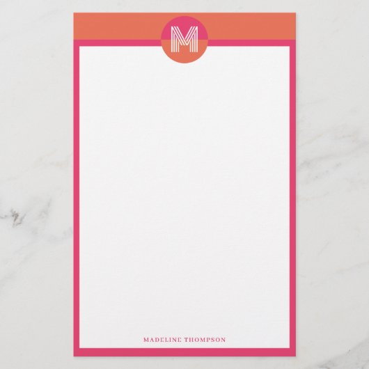 Chic Retro Pink Orange Geometric Modern Monogram 便箋 (正面)