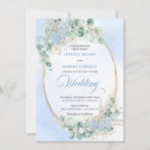 Chic Romantic Blue Floral Eucalyptus Wheat Wedding 招待状 (正面)
