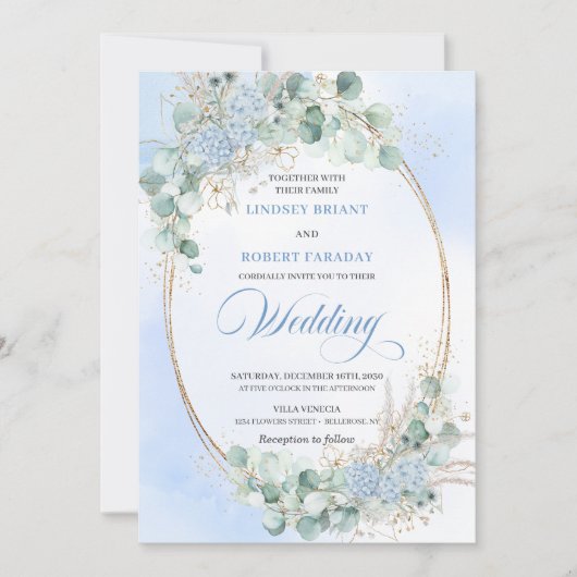 Chic Romantic Blue Floral Eucalyptus Wheat Wedding 招待状 (正面)