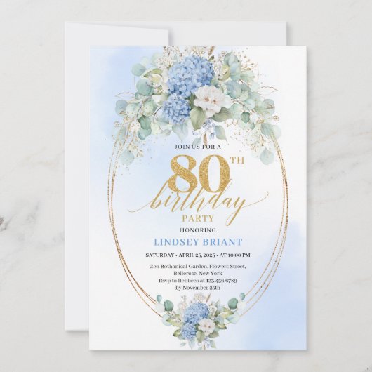 Chic Romantic Blue Hydrangea Garden 80th Birthday 招待状 (正面)