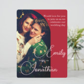 Chic Romantic Deep Red Split Photo QR Wedding 招待状 (スタンド正面)