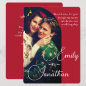 Chic Romantic Deep Red Split Photo QR Wedding 招待状 (正面/裏面)