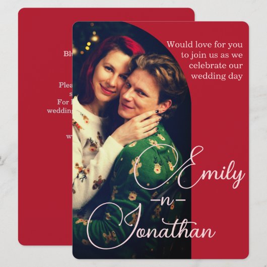 Chic Romantic Deep Red Split Photo QR Wedding 招待状 (正面/裏面)