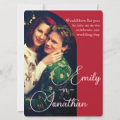 Chic Romantic Deep Red Split Photo QR Wedding 招待状 (正面)