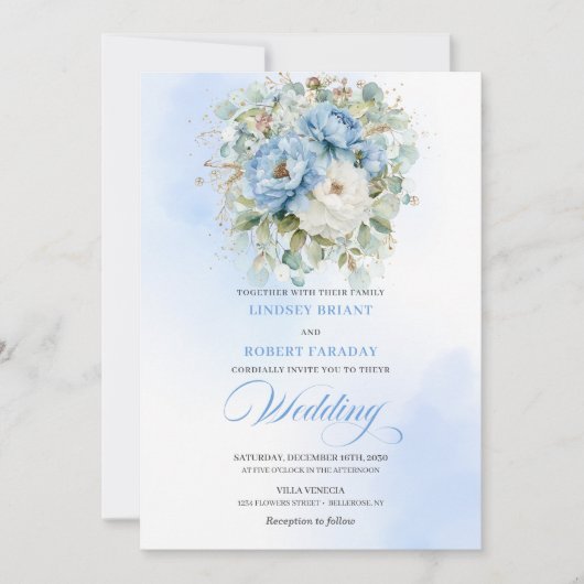 Chic Romantic Dusty Blue Peony Gold Floral Wedding 招待状 (正面)