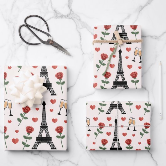 Chic Romantic Paris France Eiffel Tower & Roses ラッピングペーパーシート (正面)