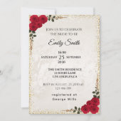 Chic Romantic Red Roses & Gold Foil Bridal Shower 招待状 (正面)