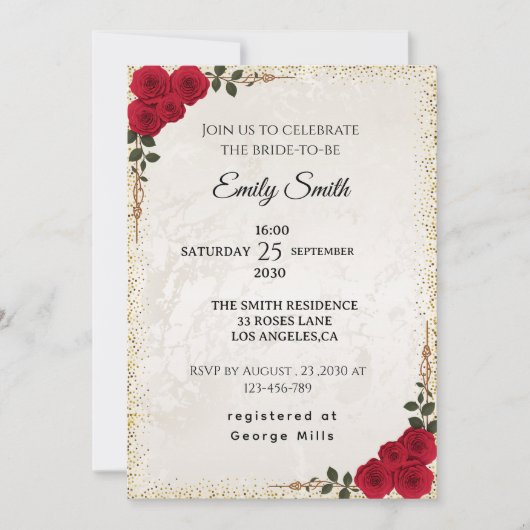 Chic Romantic Red Roses & Gold Foil Bridal Shower 招待状 (正面)