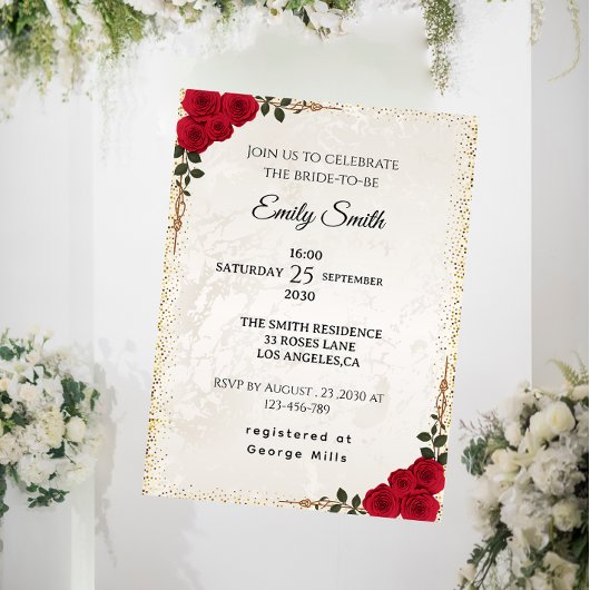 Chic Romantic Red Roses & Gold Foil Bridal Shower 招待状