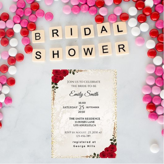 Chic Romantic Red Roses & Gold Foil Bridal Shower 招待状