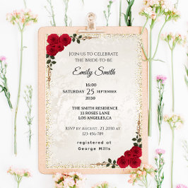 Chic Romantic Red Roses & Gold Foil Bridal Shower 招待状